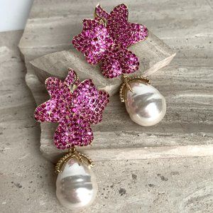 NEW ~ Anthropologie Made by Maddie Pink Travona Floral Pave Crystal & Pearl E…